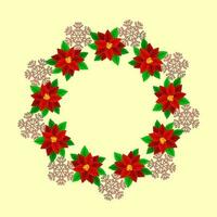 leeg ronde kader gemaakt door kerstster bloemen met bladeren en sneeuwvlokken Aan geel achtergrond. vector