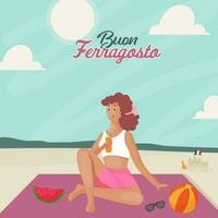 buon ferragosto concept met modern jong vrouw genieten van drankjes Bij strand kant. vector