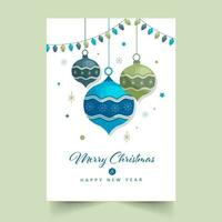 vrolijk Kerstmis en gelukkig nieuw jaar groet kaart versierd met verlichting slingers, kerstballen hangen illustratie. vector