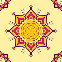 swastika symbool Aan mandala of rangoli en geel achtergrond. vector