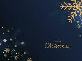 gouden vrolijk Kerstmis doopvont met glinsterende sneeuwvlokken en sterren versierd Aan blauw achtergrond. vector