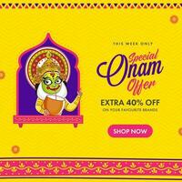 onam uitverkoop poster ontwerp met Kathakali danser drinken kokosnoot water Aan geel en roze achtergrond. vector