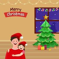 vrolijk Kerstmis concept met vrolijk meisje knuffelen haar vader, decoratief Kerstmis boom en verlichting slinger Aan bruin achtergrond. vector