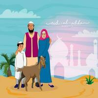 illustratie van moslim familie staand samen met geit dier Aan silhouet moskee kleurrijk achtergrond voor eid-al-adha mubarak concept. vector