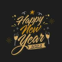 gouden gelukkig nieuw jaar 2022 doopvont met Champagne bril, sterren en vuurwerk Aan zwart achtergrond. vector