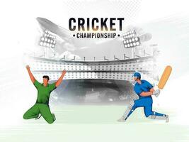 krekel kampioenschap concept met tekenfilm batsman en bowler speler Aan grijs borstel effect stadion achtergrond. vector