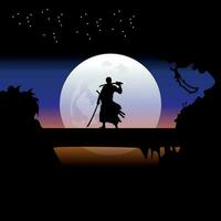 illustratie vector grafisch van samurai opleiding Bij nacht Aan een vol maan. perfect voor behang, poster, enz. illustratie vector stijl, kleurrijk visie achtergrond, een deel, roronoa zoro
