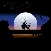illustratie vector grafisch van samurai opleiding Bij nacht Aan een vol maan. perfect voor behang, poster, enz. illustratie vector stijl, kleurrijk visie achtergrond, een deel, roronoa zoro