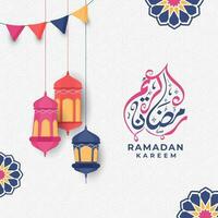 Arabisch schoonschrift van Ramadan kareem met lantaarns hangen en vlaggedoek vlaggen Aan wit Islamitisch patroon achtergrond. vector