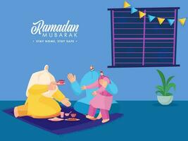 tekenfilm karakter van moslim familie genieten van voedsel Bij huis voor Ramadan mubarak concept. vermijden coronavirus. vector