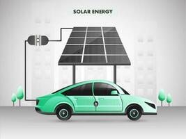 elektrisch auto opladen van zonne- paneel Aan grijs achtergrond voor hernieuwbaar energie concept. vector