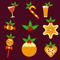 Kerstmis thema voedsel en drinken verzameling Aan bordeaux achtergrond. vector