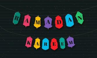 kleurrijk Ramadan kareem brief slinger en gouden confetti Aan zwart achtergrond. vector