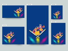 website poster of sjabloon ontwerp reeks met illustratie van heer krishna en radha het uitvoeren van klassiek dans Aan blauw achtergrond. vector
