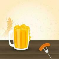 illustratie van bier mok met worst, vork, tarwe oor Aan bruin achtergrond ans kopiëren ruimte. vector