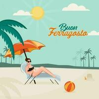 buon ferragosto concept met modern jong vrouw zitten Aan ligstoel kant strand visie. vector