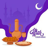 iftar viering poster ontwerp met Arabisch kan, glas, snoepgoed, halve maan maan Aan wit en Purper silhouet moskee achtergrond. vector