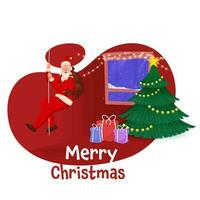 vrolijk Kerstmis poster ontwerp met de kerstman claus beklimming door touw, geschenk dozen en decoratief Kerstmis boom Aan rood en wit achtergrond. vector