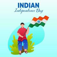 Indisch onafhankelijkheid dag poster ontwerp met gezichtsloos jong jongen Holding Indië vlag Aan cyaan achtergrond. vector