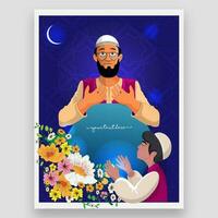 tekenfilm moslim Mens met zijn zoon aanbieden namaz samen en bloemen Aan blauw nacht tijd achtergrond voor eid of Ramadan mubarak. vector