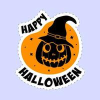 sticker stijl gelukkig halloween doopvont met eng pompoen vervelend heks hoed Aan oranje en blauw achtergrond. vector