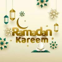 bruin Ramadan kareem tekst met halve maan maan, hangende lantaarns en tekenfilm moslim Mens lezing koran Aan beige achtergrond. vector