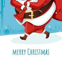 vrolijk Kerstmis poster ontwerp met de kerstman claus draag- zwaar zak Aan blauw en wit natuurlijk achtergrond. vector
