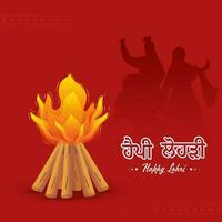 gelukkig lohri doopvont geschreven in Punjabi taal met vreugdevuur, silhouet paar aan het doen bhangra Aan rood achtergrond. vector