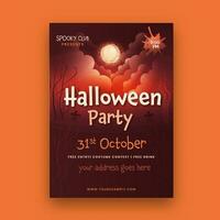 halloween partij folder ontwerp met evenement details Aan vol maan donker rood achtergrond. vector