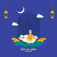 eid-al-adha mubarak concept met moslim Mens zitten, twee tekenfilm schaap, halve maan maan en lantaarns hangen Aan blauw silhouet moskee achtergrond. vector