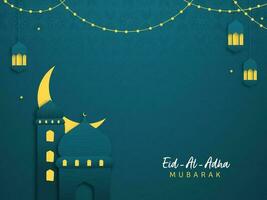 eid-al-adha mubarak concept met papier moskee, halve maan maan en lantaarns hangen Aan taling achtergrond. vector