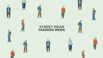 jong mensen mode set. mode week streetwear stijl illustratie set. vector