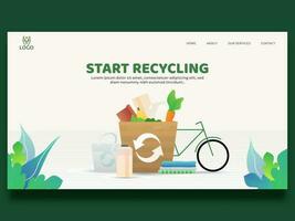 begin recycling concept gebaseerd landen bladzijde met papier voedsel tas, fles, kleren en fiets Aan wit achtergrond. vector
