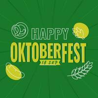 gelukkig oktoberfeest festival concept met lijn kunst hop, krakeling, worst en tarwe oor Aan groen stralen achtergrond. vector