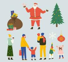 verzameling van mensen, geschenken, de kerstman claus, Kerstmis boom, kinderen, sneeuwvlok en snuisterij. vlak illustratie geschikt voor Kerstmis pictogrammen. vector