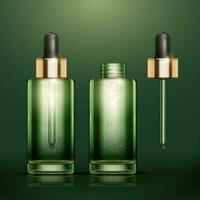 groen olie essence flessen mockup reeks Aan groen achtergrond in 3d illustratie vector