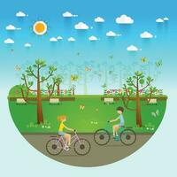 paar rijden fietsen in openbaar park, illustratie, vlak ontwerp, vector