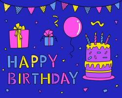 schattig hand- getrokken gelukkig verjaardag belettering met ballonnen, guirlande, taart en kaarsen Aan blauw achtergrond. vector