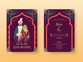 wijnoogst bruiloft uitnodiging kaart of sjabloon lay-out met Indisch paar karakter in voorkant en terug visie. vector