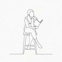 een vrouw zit Aan een stoel en leest een boek lijn kunst vector