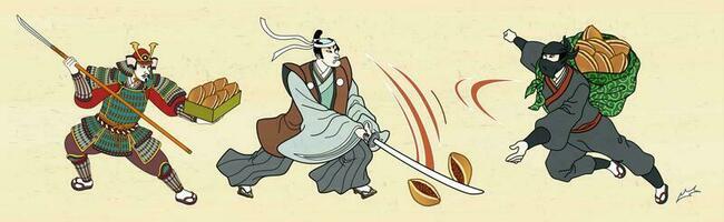 Japans algemeen en Ninja vechten met dorayaki in ukiyo-e stijl vector