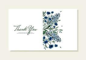dank u kaart met hand- geschilderd waterverf zomer blauw bloemen. vector sjabloon