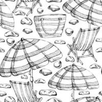hand- getrokken vector inkt strand gestreept stoelen Tassen en paraplu's naadloos patroon. geïsoleerd Aan wit achtergrond. ontwerp muur kunst, bruiloft, afdrukken, kleding stof, omslag, kaart, toerisme, reizen boekje.