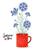 boeket van blauw korenbloemen. mooi bloemen in beker. poster zomer tijd. vector illustratie. blauw wilde bloemen voor ontwerp en decor, afdrukken, ansichtkaarten, dekt.