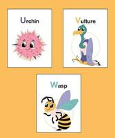 dier alfabet kaarten u naar w. kleurrijk leerzaam kinderachtig vector illustraties met brieven. grappig aan het leren alfabet verzameling. egel, gier, wesp.