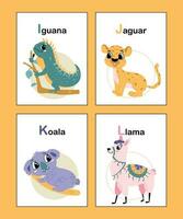 schattig dier alfabet van ik naar ik. leerzaam vector illustratie in helder kleuren. leguaan, jaguar, koala, lama. kleurrijk hand- getrokken tekenfilm dier alfabet kaarten geïsoleerd Aan geel achtergrond.