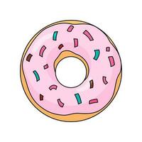 roze donut met aardbei suikerglazuur en kleurrijk hagelslag. tekenfilm vector illustratie geïsoleerd Aan wit achtergrond.