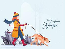 gezichtsloos vrouw Holding hond riem in wandelen houding Aan natuur achtergrond voor Hallo winter. vector