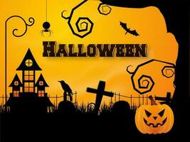 halloween banier of poster ontwerp met achtervolgd huis en eng pompoen Aan begraafplaats plaats achtergrond. vector
