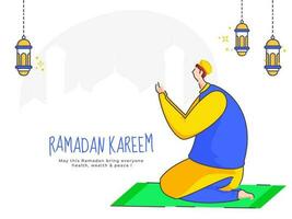 illustratie van moslim Mens aanbieden namaz met hangende lantaarns Aan wit silhouet moskee achtergrond voor Ramadan kareem. vector